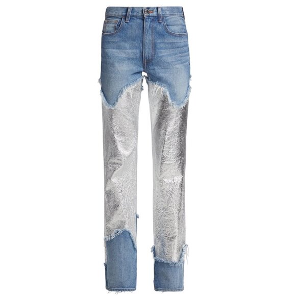 Brandon Maxwell The Stella Metallic Leather Patch Jeans - Picture 1 of 4